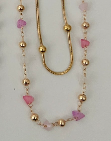 Pembe Taşlı Çift Sıra Kolye